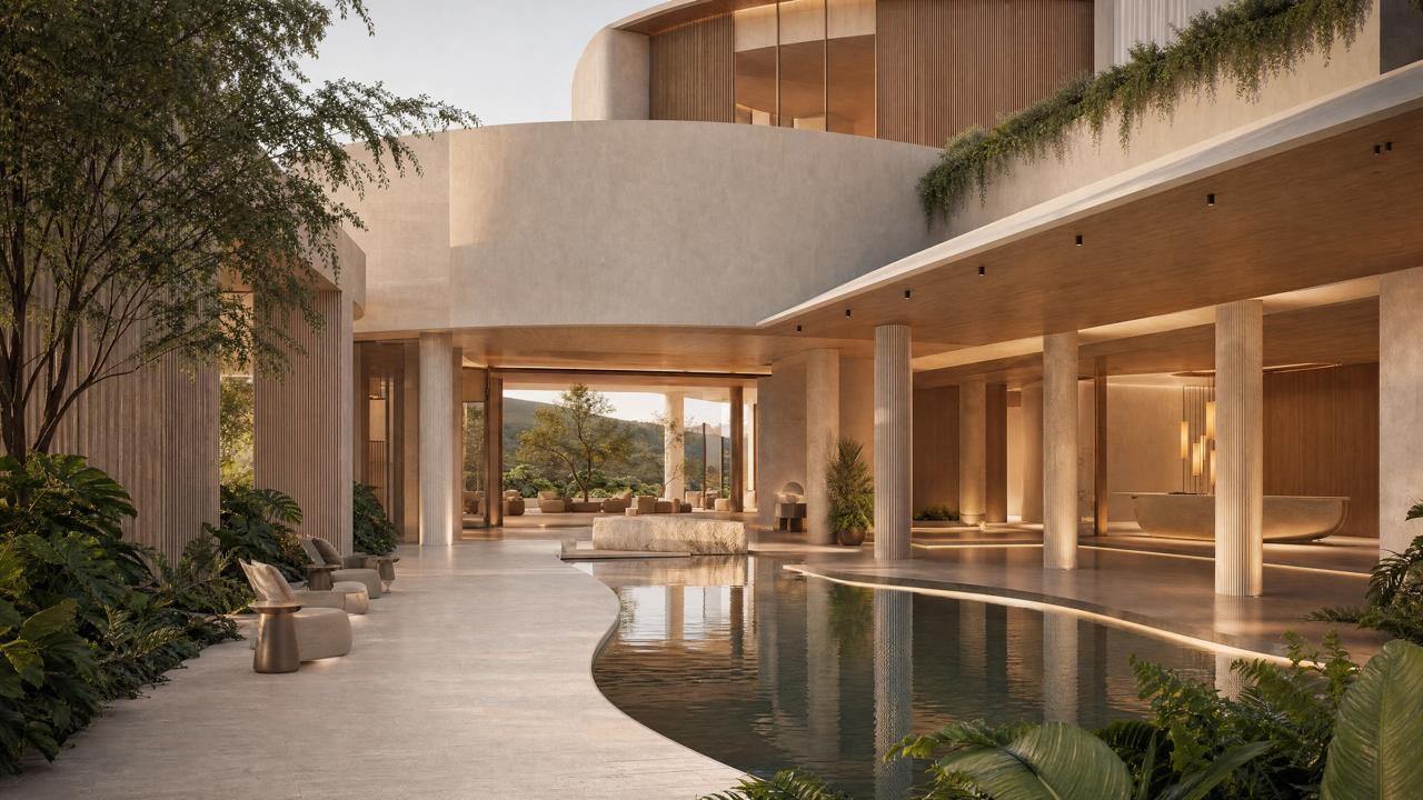 A private terrace at dusk