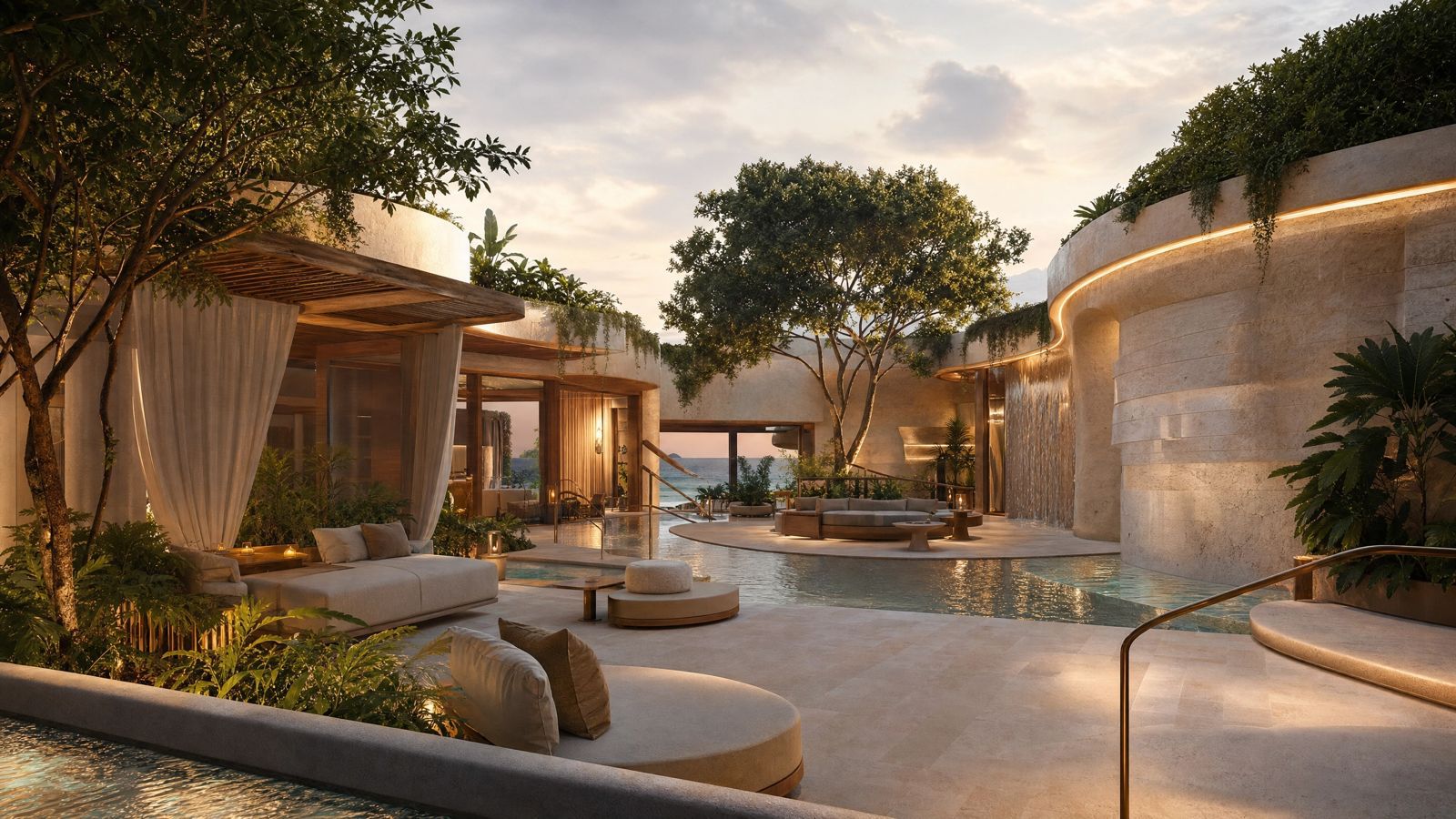 A private terrace at dusk